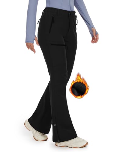 Cycorld Women's Snow Ski Pants Fleece Lined Waterproof Softshell Insulated Flare for Snowboarding Hiking Winter Outdoor(Black, 10)