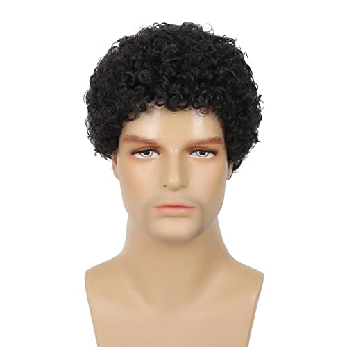 Swiking Mens Curly Afro Wigs Short Black Wig for Male Guy Rocker Wig California Halloween Cosplay Costume Full Wigs（Black）