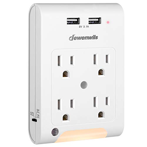 DEWENWILS 4-Outlet Extender, Wall Outlet Adapter with 2 USB Ports(3.1A Total), Light Sensor Night Light, 1080 Joules Surge Protector, ETL Listed, White