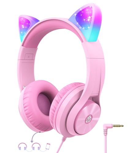 iClever Kids Headphones with Cat Ear Led Light Up, Safe Volume Limite Kids Wired Headphones with FunShare Foldable Over-Ear Headphones for Kids/School/iPad/Tablet/Travel, Meow Donut-Pink