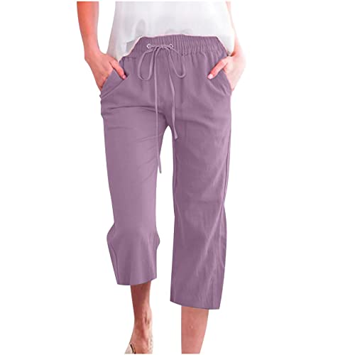 Capri Pants for Women Casual,Sales Clearance Today Deals Prime,Capri Pants for Women Casual 2024 Summer Drawstring Elastic High Waist Linen Pants Straight Wide Leg Lounge Capris3-PurpleMedium