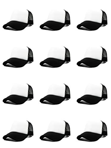 12 Pack Sublimation Hats for Men Blank Trucker Hats Bulk Snapback Mesh Women Baseball Caps DIY Custom 18 Colors (Black and White)