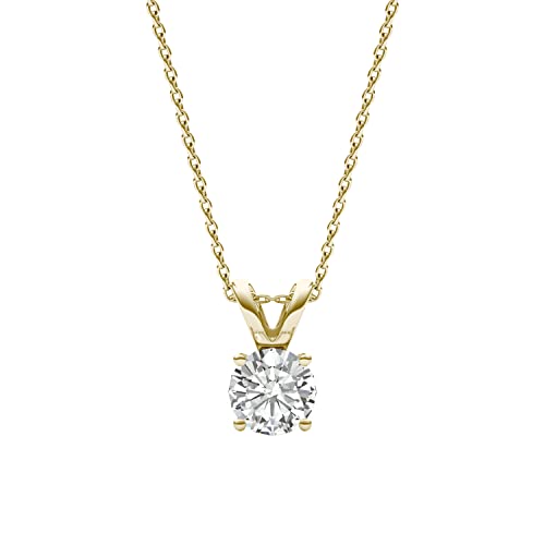 Charles & Colvard Created Moissanite 6.5mm Round Cut Solitaire Pendant Necklace for Women | 1 cttw DEW | Lab Grown | Solid 14K Yellow Gold | 18' Chain