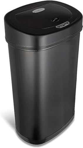 NINESTARS DZT-50-9BK Automatic Touchless Infrared Motion Sensor Trash Can, 13.2 Gal 50L, Black Steel Base (Oval, Black Lid)