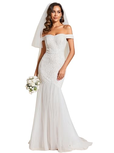 Ever-Pretty Women's Comfy Off Shoulder Sleeveless Tulle Wedding Dresses for Bride Ivory US6