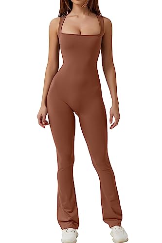 QINSEN Women's Sexy Tube Top One Piece Flare Jumpsuit Square Neck Full Length Romper Brown M