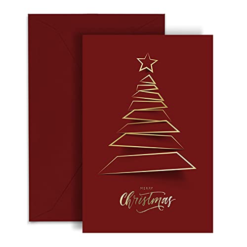 Christmas Greeting Cards with Gold Foiling Xmas Tree | 20 Cards - Dark Red Self Paper with Red Envelope | 6.75 x 4.5 Inch Merry Christmas Cards with Seal Stickers For Friends, Family and loved Ones…