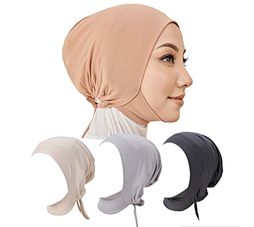 Solid Color 3- Pack Full Cover Inner Hijab Cap. Under Scarf Cap for Muslim Women. Dark Gray,Gray and Beige Color Inner Hijab Cap…