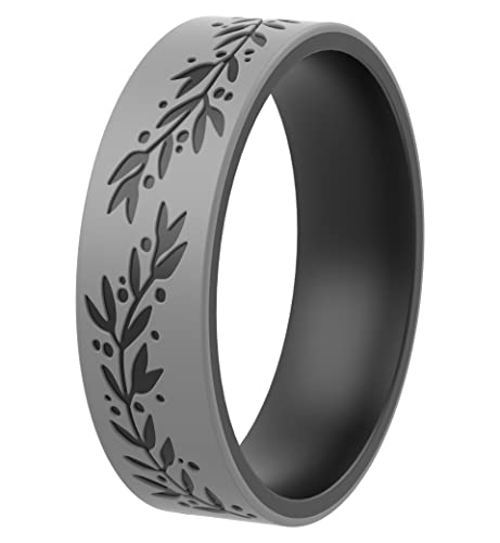 ThunderFit Silicone Wedding Rings for Men and Women, Laser Printed Design - 6mm Width 2mm Thick (Leaves - 6mm - Black-Grey - Size 5.5-6(16.5mm))