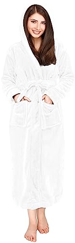 NY Threads Womens Fleece Hooded Bathrobe Plush Long Robe, Large, White