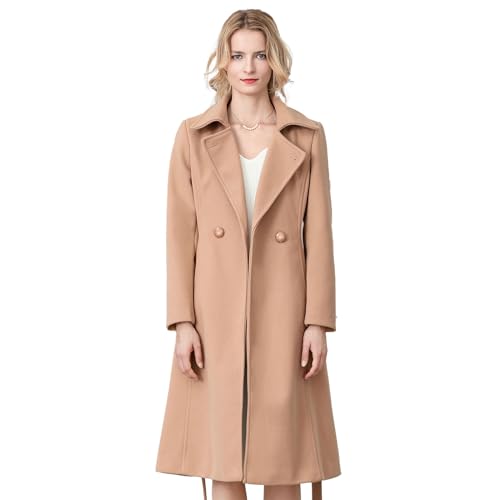 Aprsfn Women's Elegant Solid Color Mid-Length Thicken Warm Wool Blend Coat (Camel, Large)