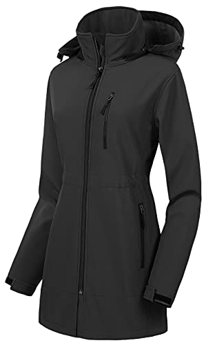 CREATMO US Women's Spring Fall Jacket Hooded Lightweight Windproof Fleece Lined Waterproof Long Coats Grey M