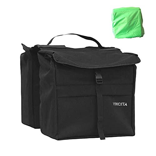 Vincita New Top Load Double Pannier Water Resistant Cycling Side Bags - with Rain Cover, Large, Carrying Handle, Reflective Spots - Bike Rack Carrier Saddle Bag - Bicycle Accessories (Black)