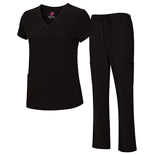 Natural Uniforms Women's Cool Stretch V-Neck Top and Cargo Pant Set (Black, X-Small)