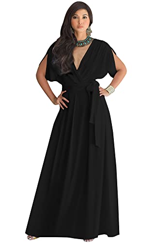 KOH KOH Womens Long Formal Short Sleeve Cocktail Flowy V-Neck Casual Bridesmaid Wedding Party Guest Evening Cute Maternity Work Gown Gowns Maxi Dress Dresses, Black L 12-14
