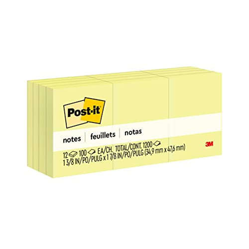 Post-it Mini Notes, 1 3/8 x 1 7/8 in, 12 Pads, Canary Yellow, Clean Removal, Recyclable