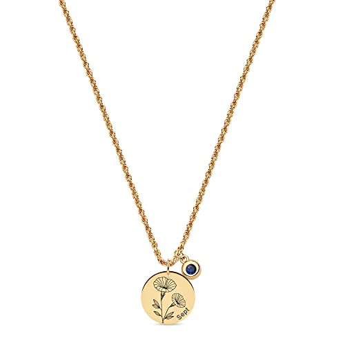 Fettero Birth Flower Necklace Gold Coin Stamp Morning Glory Pendant Birthstone Sapphire Month September 18K Gold Vacuum Plated Dainty 2MM Twist Rope Chain Simple Personalized Jewelry Birthday