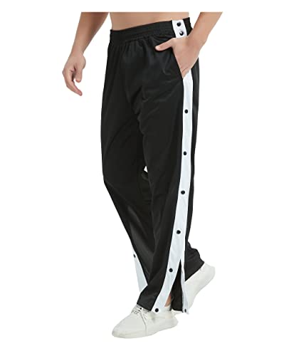 THWEI Mens Tear Away Basketball Pants Casual High Split Snap Button Post Surgery Sweatpants Black L