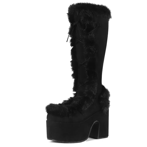 CELNEPHO Knee High Boots For Womens Side Zipper Warm Faux Fur Platform Chunky Heel Punk Goth Walking Winter Snow Boots