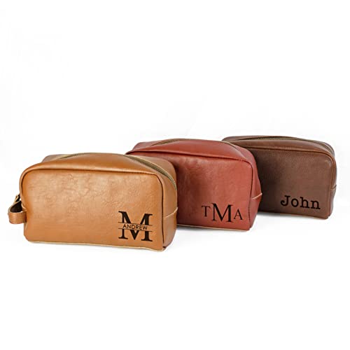Danique Jewelry Personalized Genuine Leather Travel Toiletry Bag Made in USA, Custom Engraved with Monogram or Name, Men's Leather Dopp Kit, Christmas Gift for Husband, Boyfriend, Dad, Grandma