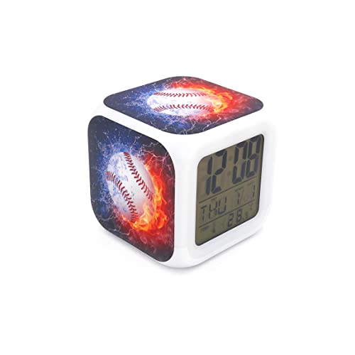 BoWay New Baseball Fire Desk & Shelf Clock Digital Alarm Clock with Led Lights Blue Table Clock for Kids Teenagers Adults Home/Office Decor 3 inches