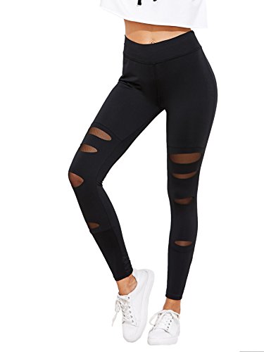 SweatyRocks Women's High Waisted Knit Mesh Insert Pants Tummy Contro Workout Athletic Yoga Leggings Black #1 XXL