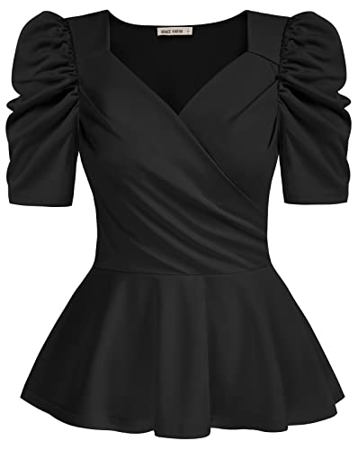 Women's Black Peplum Top Short Puff Sleeve V Neck Blouse Vintage Ruffle Shirt Black XL