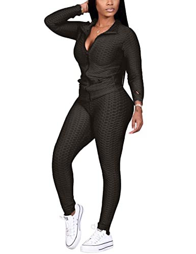 KANSOON Jogging Suits for Women, Textured 2 Piece Outfit Long Sleeve Full Zip Jacket Skinny Pants Tracksuit Set Black L