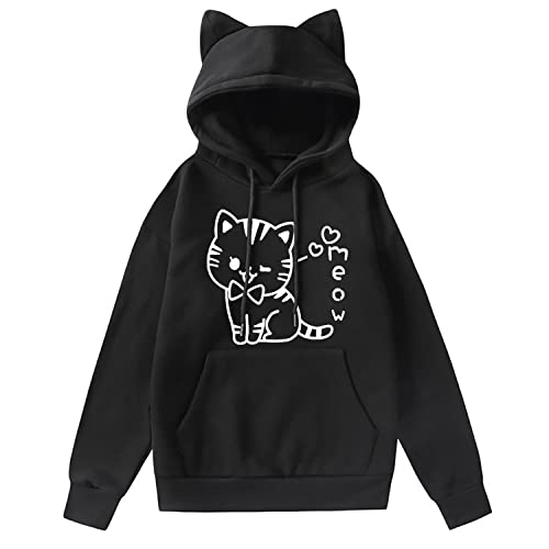 LNYSOTX Cat Hoodie for Women Teen Girls Black Cat Ears Hoodies Cute Kawaii Funny Anime Graphic Cotton Sweaters Sweatshirts Large