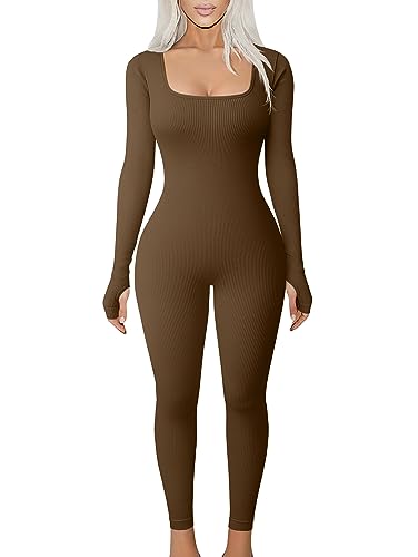 TOB Women Yoga Jumpsuits Workout Ribbed Long Sleeve Square Neck Sport Jumpsuits Coffee