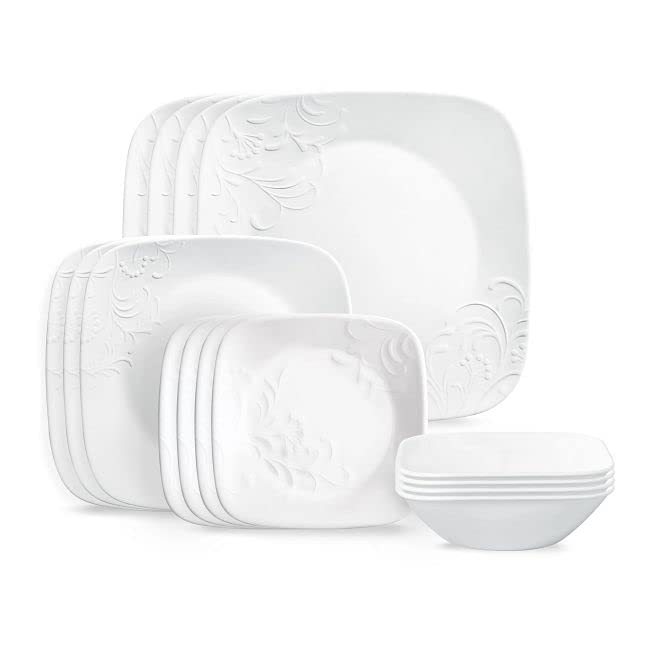 Corelle Cherish 16pc, Service for 4, Dinnerware Set, 8 plates 8 bowls, Chip & Break Resistant, Dinner Plates and Dinner Bowls, Corelleware Plates, White