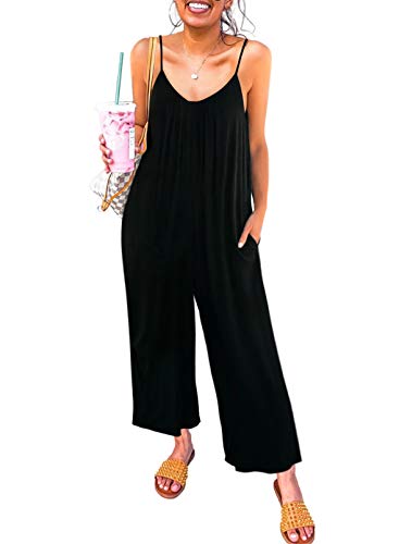 Happy Sailed Summer Jumpsuit for Women Overalls Sleeveless Adjustable Spaghetti Straps Wide Leg Pants Romper One Piece Jumpers Outfits with Pockets Black Small