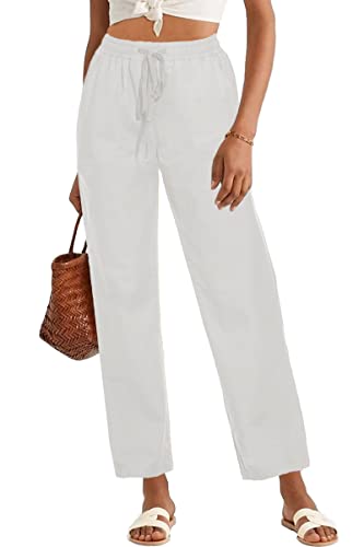 HVEPUO White Pants Loose Cotton Women Pants Elastic Waist Drawstring Straight Leg Patch Pocket Pants Casual Loose Fit White Pants for Women High Waisted White L