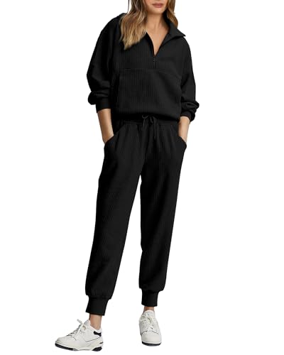 BTFBM Women 2 Piece Outfits Hoodie Sweatshirt Tracksuit & Oversized Jogger Sweatpants Y2K Sweatsuit Set（Solid Black,Medium