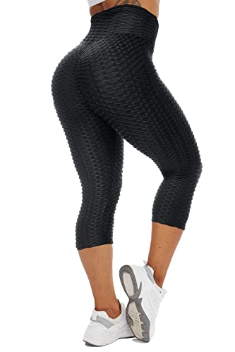 YOFIT Womens Butt Lift Push up Capri High Waist Yoga Pants Workout Leggings #2 Black L