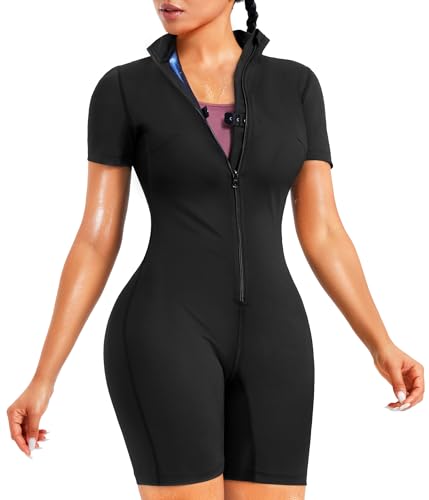 Junlan Sauna Suit for Women Full Body Jumpsuit Waist Trainers for Women Belly Fat Workout Sweat Suit(Black,2X-Large)