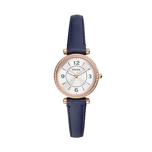 Fossil Women's Carlie Mini Quartz Stainless Steel and Leather Three-Hand Watch, Color: Rose Gold, Navy (Model: ES5295)