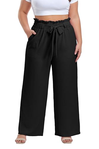OLRIK Women's Casual Plus Size Pants High Waisted Self-tie Belted Lounge Pants Straight Long Trousers with Pockets Black-3X