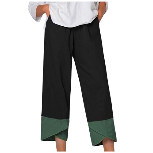 Warehouse Deals Today Women's Pants Cotton Linen Casual Trousers Wide Leg Summer Lounge Pants Elastic Drawstring Colorblock Irregular Hem Black