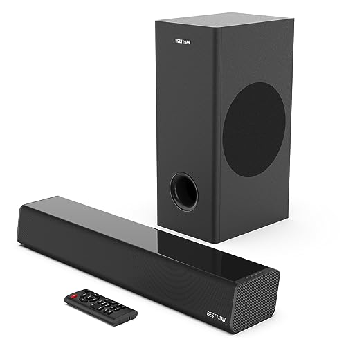 BESTISAN Sound Bar with Subwoofer, 80 watts Sound Bars for TV/Projector/Gaming with 5.25 inch Subwoofer, HDMI/Optical/AUX/USB and Bluetooth 5.0 Connection, Bass Adjustable, Wall Mountable, 3 EQ Modes