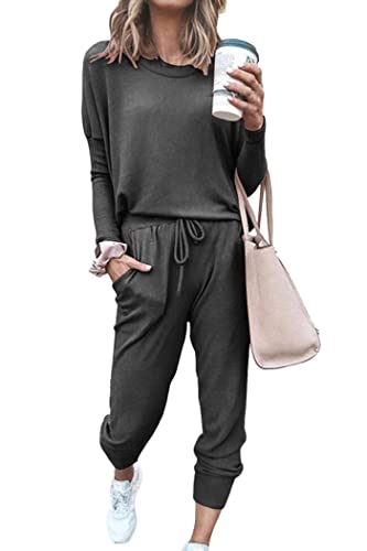 PRETTYGARDEN Women's 2023 Fall Two Piece Outfit Long Sleeve Crewneck Pullover Tops and Long Pants Tracksuit (Dark Grey,Medium)