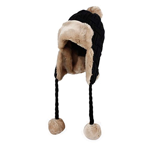 WITHMOONS Fleece Lining Thick Cable Knit Beanie Hat Earflaps Cap FZ70022 (Black)