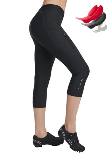 BALEAF Women's Bike Pants Lycra Padded 3/4 Cycling Capris Shorts High Waist Biking Bicycle Padding Tights Black L
