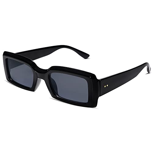 Allarallvr Trendy Rectangle Sunglasses for Women Men Vintage 90's Square Shades Thick Frame Nude Sunnies Sunglasses AR82002 with Black Frame/Grey Lens