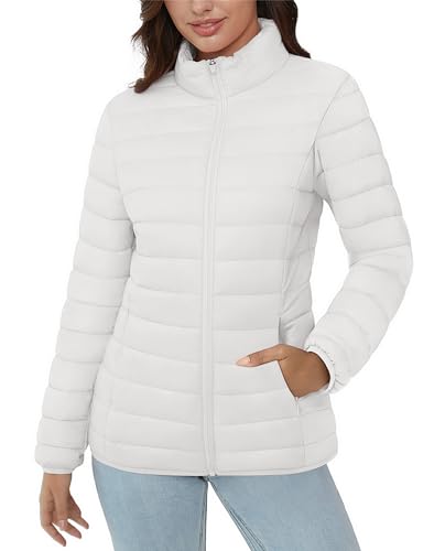 MAGCOMSEN Women Puffer Down Jacket Long Sleeve Lightweight Water-resistant Zip up Jacket Inner Pocket Quilted Winter Coat, White XL