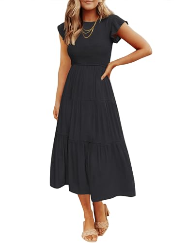 ZESICA Women's 2023 Summer Casual Flutter Short Sleeve Crew Neck Smocked Elastic Waist Tiered Midi Dress,AllBlack,Large
