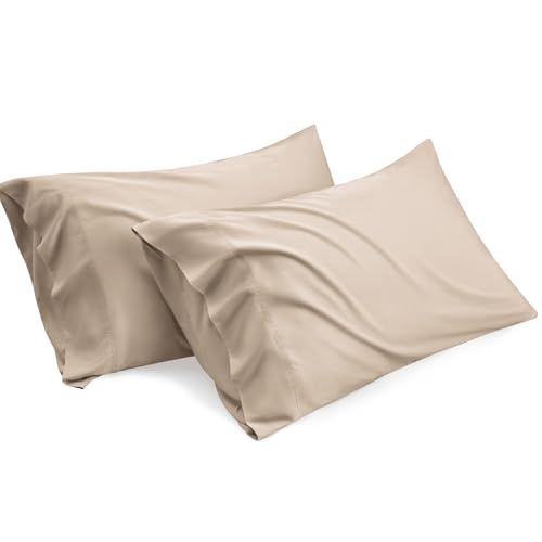 Bedsure Cooling Pillow Cases Queen Size Set of 2, Rayon Derived from Bamboo Cooling Pillowcase for Hot Sleepers, Soft & Breathable Cool Pillow Covers with Envelope Closure, Beige, Gifts, 20x30 Inches