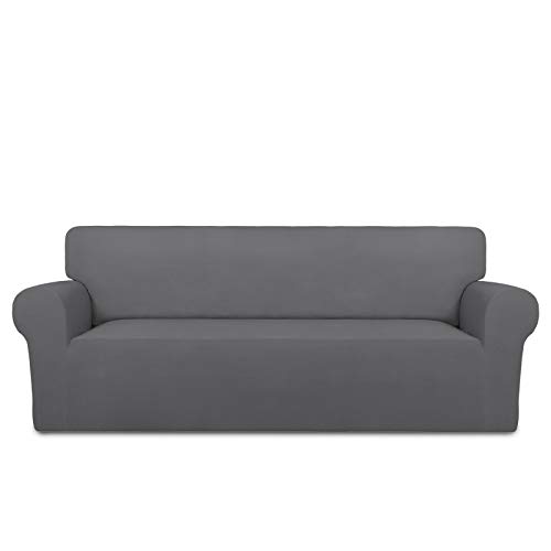 PureFit Super Stretch Chair Sofa Slipcover – Spandex Non Slip Soft Couch Sofa Cover, Washable Furniture Protector with Non Skid Foam and Elastic Bottom for Kids, Pets （Sofa, Gray ）