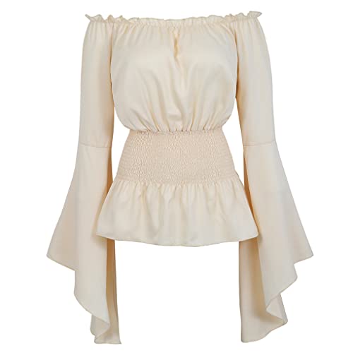 Lehauya Womens Renaissance Shirt Medieval Blouse Plus Size Off Shoulder Ruffle Sleeve Pirate Costume Beige 2X-Large