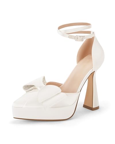 Coutgo Womens Platform Chunky High Heels Satin Bow Rhinestone Pointed Toe Ankle Strap Sexy Party Prom Dress Pumps, Pearl White, Size 7.5